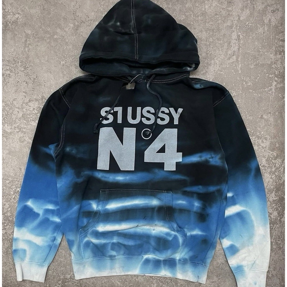 Rare Vintage Stussy No 4 N4 Hoodie Mens L/Large Blue Tie Dye ‎ Hooded Sweatshirt